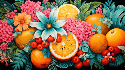 A vibrant summer background pattern with a variety of colorful tropical fruits and flowers....