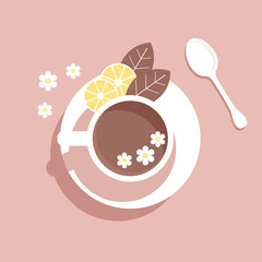 Cup with mint tea with lemon slices, top view. Illustration, vector