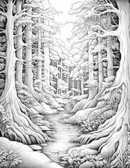 Pine forest coloring page isolated on transparent background