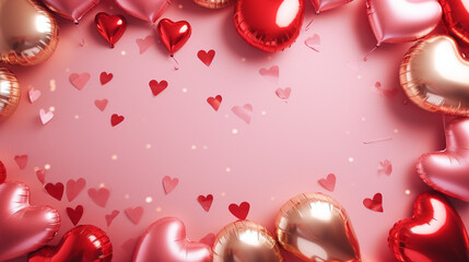 Close-up view capturing the delightful details of a top view scene with a text frame and red and gold hearts foil balloons,  pink Valentine's Day background.
