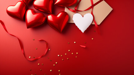 Close-up view capturing the delightful details of a festive Valentine's Day blank greeting card, adorned with heart-shaped foil balloons on a red background, 