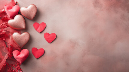 Close-up view capturing the delicate arrangement of red silk hearts on a pink concrete background, creating an artistic and visually pleasing scene that radiates romance.