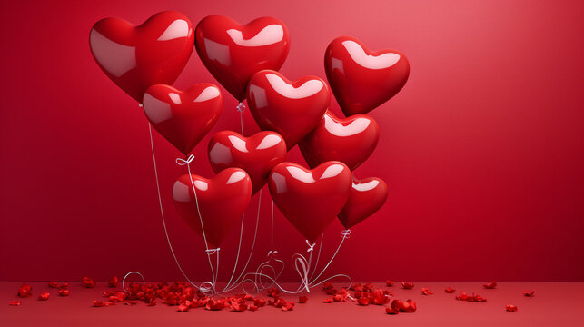 Detailed photograph showcasing the festive beauty of a Valentine's Day blank greeting card, elegantly designed with heart-shaped foil balloons on a red background
