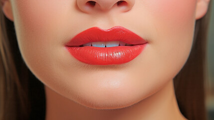 Fototapeta premium Сlose-up of beautiful lips. Skin and plump lips with natural red makeup. Part of the face. Makeup concept.