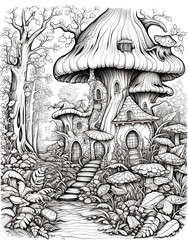 Coloring picture of house in isolated forest on transparent background