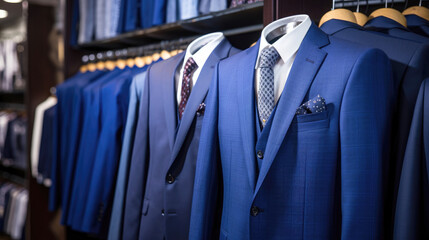 Suits for Sale, Men's suits on hangers in a store.