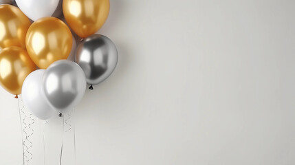Gold and silver balloons for birthday celebration card. White background with copy space.