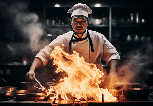 Chef Cooks with Flaming Pan in Restaurant Kitchen