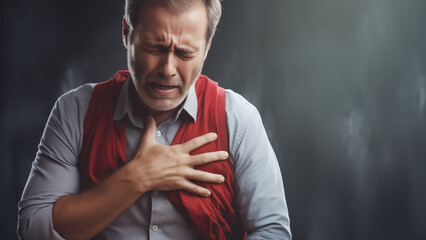 Photo of a man complaining of chest pain and suspected of having a myocardial infarction - obrazy, fototapety, plakaty