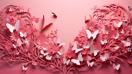 Heart-themed paper cutouts soaring against a warm pink background, conveying a sense of romance and artistic allure.