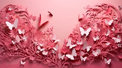 Fotobehang Heart-themed paper cutouts soaring against a warm pink background, conveying a sense of romance and artistic allure. © Zeeshan Qazi