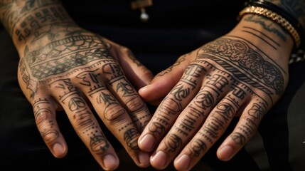 hands adorned with traditional Thai Yantra tattoos, complementing the cultural attire generative ai