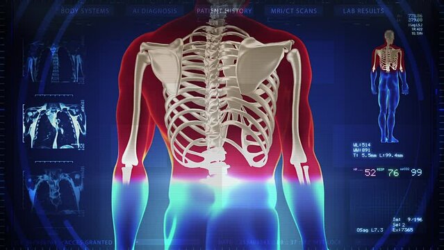 Anatomical Scan of Human Male on Futuristic TouchScreen Interface displaying Bones, Vital Signs and Head, Shoulder, Knee and Torso MRI. Medicine and Healthcare.