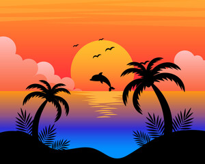 Beautiful seascape with dolphin and palm trees at sunset. Illustration, vector