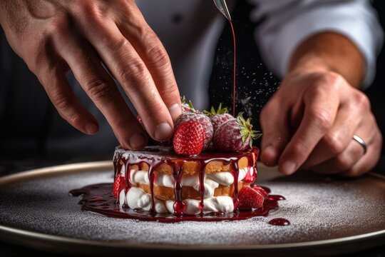 Photo of a close-up of a chef's hands creating an intricate dessert. Generative AI