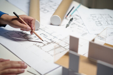 Architecture drawing on architectural Creative project business architecture building construction&nbsp;Industrial engineering Achievement Planning Design on blueprint eco