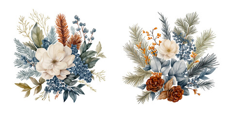 Collection of Winter botanical compositions in watercolour style. Florist art