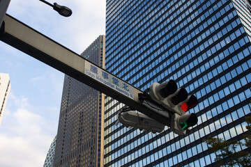 Semáforo en rojo frente a bloque de oficinas en zona metropolitana de Tokio, Japón