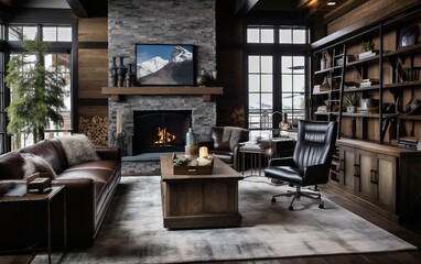 Rustic Wood Cozy: Office Inspired by Ski Resort Vibes.