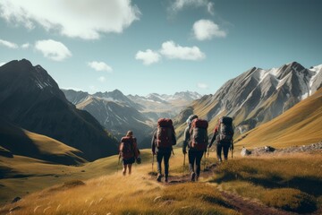 Photo of a diverse group of friends hiking in a breathtaking mountain landscape. Generative AI