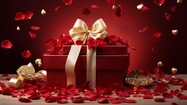 A high-resolution image capturing the allure of a crimson gift box, featuring a golden bow and surrounded by scattered rose petals. Upon opening, the box reveals a festive arrangement