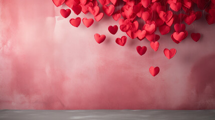 A picturesque scene featuring red silk hearts carefully placed on a pink concrete background, creating a visually pleasing and romantic atmosphere captured in high definition.