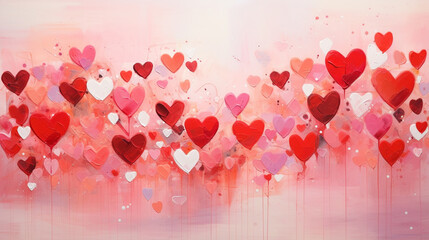 A visually appealing scene showcasing an abstract background adorned with red and pink hearts, creating a lively and romantic composition against a gentle pink canvas.