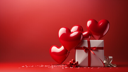 A visually appealing Valentine's Day composition featuring a blank greeting card surrounded by heart-shaped foil balloons on a red background