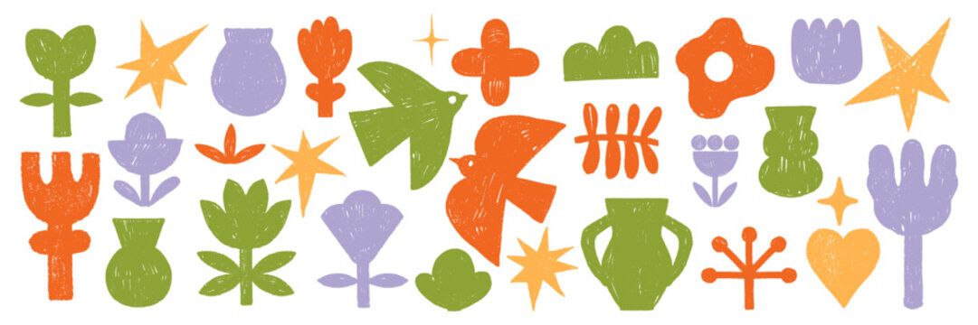 Naive organic abstract flowers set, doodle floral hand drawn elements, vector texture shapes, vase. Childish decorative natural spring matisse collection, scribble black botanical print. Naive flower