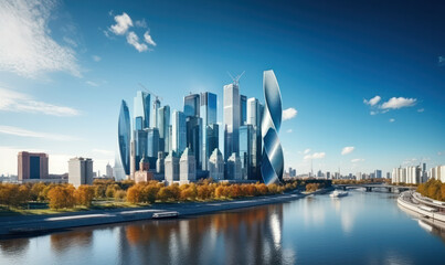 Aerial View of Moscow City Skyscrapers and the Moscow River, Capturing the Essence of Russia.