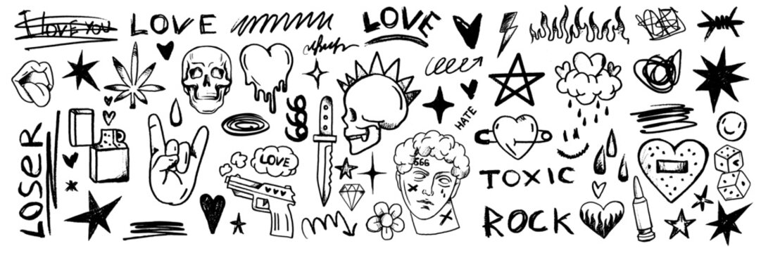 Doodle grunge rock set, hand drawn vector groovy punk graffiti print kit, emo gothic heart sign. Marker scribble sticker, crayon wax paint collage icon, fire, gun, knife, lips. Street grunge doodle