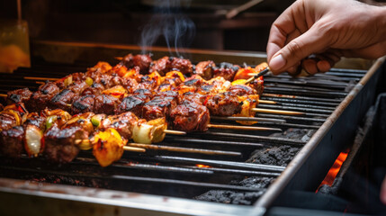 Naklejka premium chef expertly grilling skewers for a Middle Eastern kebab dish generative ai