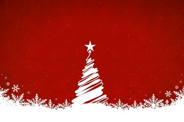 Creative dark red or maroon coloured backgrounds with one white scribbled christmas tree with a bright shining star at top, snowflakes all over the ground - illustration