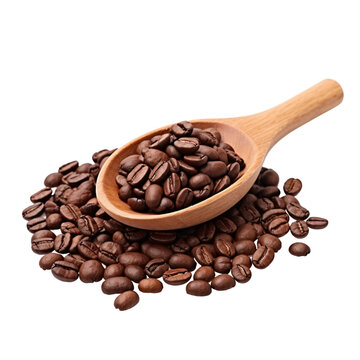 Coffee beans with wooden scoop,isolated on white and transparent background
