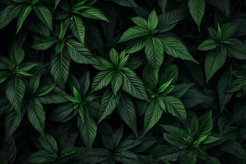 Fototapeta na wymiar Dark green leaves top view. Generative ai