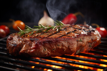 Steaks cooking over  grill garnished with rosemary