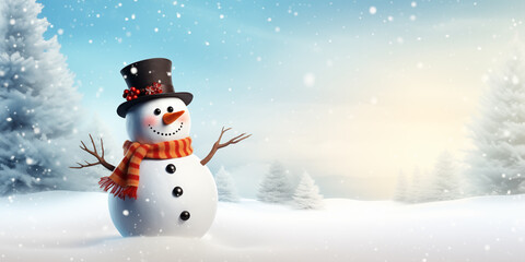Fototapeta premium Snowman with a carrot nose snowy background, Christmas and new year background. 