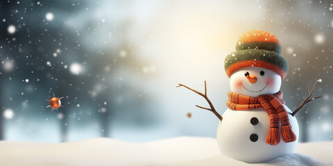Snowman with a carrot nose snowy background, Christmas and new year background. 
