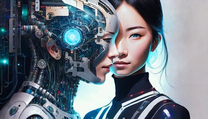 内部の機械部分が見えている、AIのイメージのヒューマノイドロボット、アンドロイド。女性型。未来のテクノロジーの結晶であり、サイバーなイメージ。