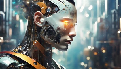 内部の機械部分が見えている、AIのイメージのヒューマノイドロボット、アンドロイド。男性型。未来のテクノロジーの結晶であり、サイバーなイメージ。サイボーグやAIによって強化された人間のイメージもある。
