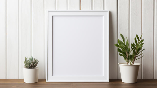 White frame mockup with plant pot on wooden table and white wall background
