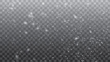Snow gray transparent background. Christmas snowy winter design. White falling snowflakes, abstract landscape. Cold weather effect. Magic nature fantasy snowfall decoration. Vector illustration