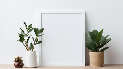White frame mockup with plant pot on wooden table and white wall background
 - obrazy, fototapety, plakaty