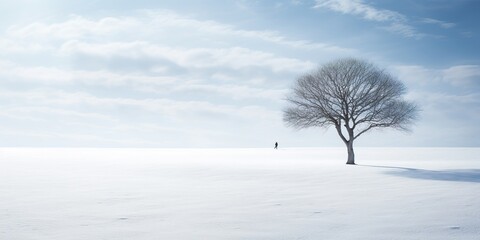 Fototapeta na wymiar Artistic representation of a lone tree in a snowy landscape with a shadow forming the shape of a person, symbolizing isolation in winter depression