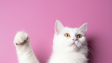The paws of a white cat stick out from the edge of the image on a ponk background