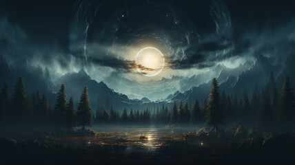 Surreal night landscape full moon over forest and mountains