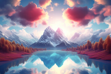 Beautiful Colorful Sky Mountain Lake Reflection on Water Valentine's Day Abstract Background. Peaceful Scenery, Relaxing Landscape with Blue Sky. Concept for Banner, Poster, Gift Card Design - obrazy, fototapety, plakaty