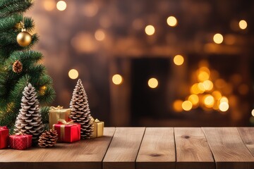 Fototapeta na wymiar Wooden table with christmas fir tree and decoration. Bokeh background