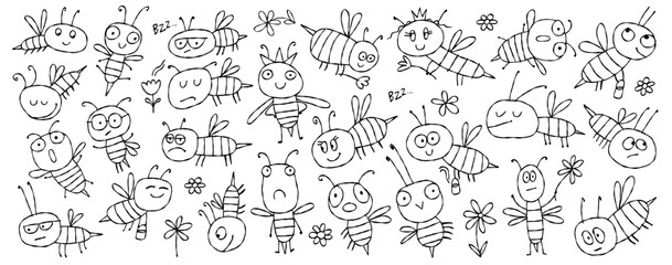 Fototapeta na wymiar Funny Bees family. Beehive for your design. Horizontal print background