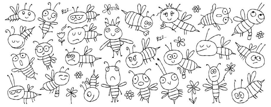 Funny Bees family. Beehive for your design. Horizontal print background